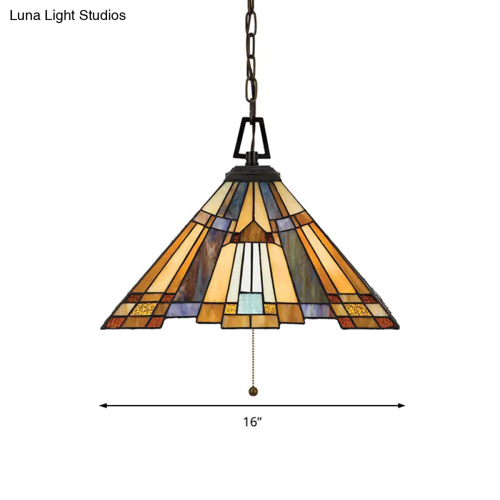 8"/12"/16" Wide Tapered Tiffany Stained Glass Pendant Lamp with Amber Bulb for Bedroom