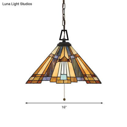 8"/12"/16" Wide Tapered Tiffany Stained Glass Pendant Lamp with Amber Bulb for Bedroom