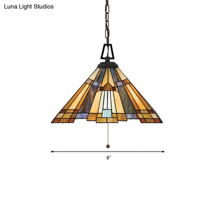 8"/12"/16" Wide Tapered Tiffany Stained Glass Pendant Lamp with Amber Bulb for Bedroom