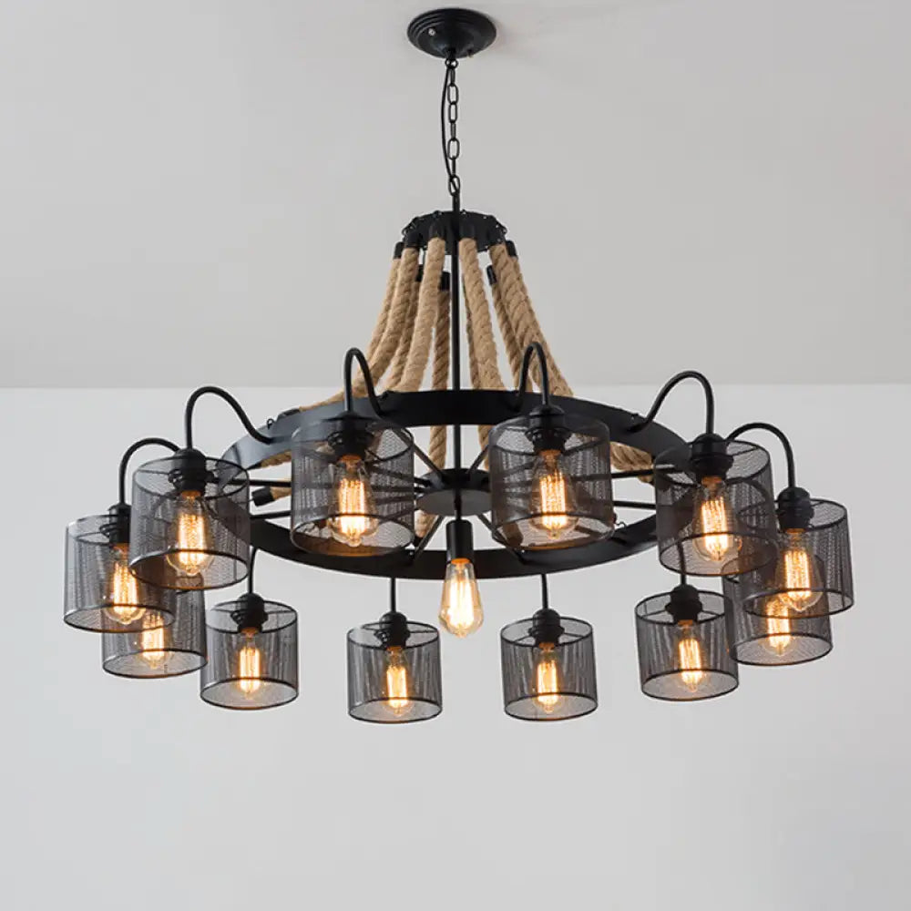 8/12-Light Cylinder Chandelier with Black Metal Mesh and Rope Cord for Restaurants