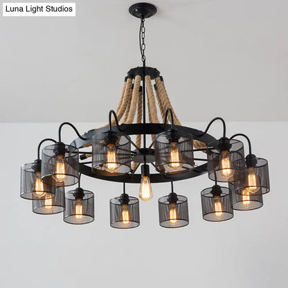 8/12-Light Cylinder Chandelier with Black Metal Mesh and Rope Cord for Restaurants