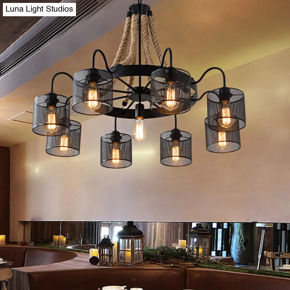 8/12-Light Cylinder Chandelier with Black Metal Mesh and Rope Cord for Restaurants