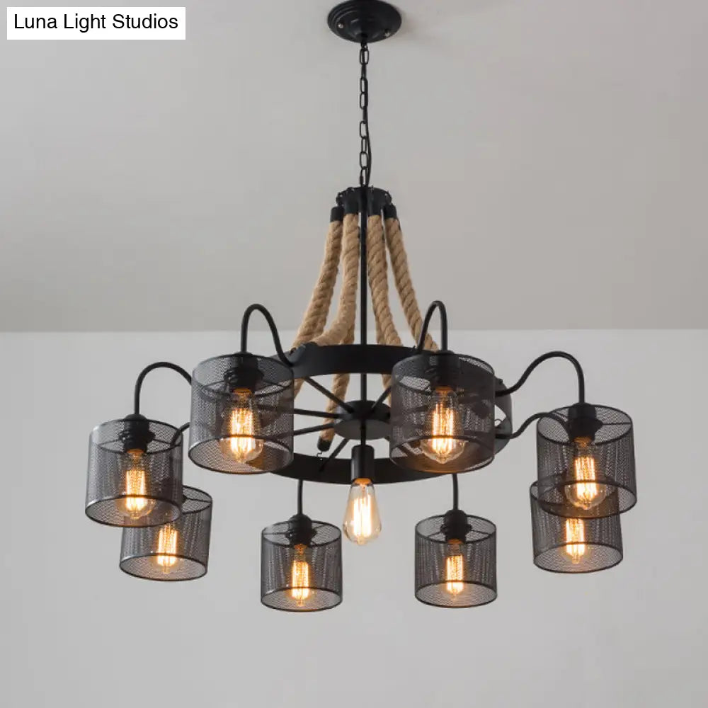 8/12-Light Cylinder Chandelier with Black Metal Mesh and Rope Cord for Restaurants