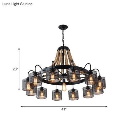 8/12-Light Cylinder Chandelier with Black Metal Mesh and Rope Cord for Restaurants