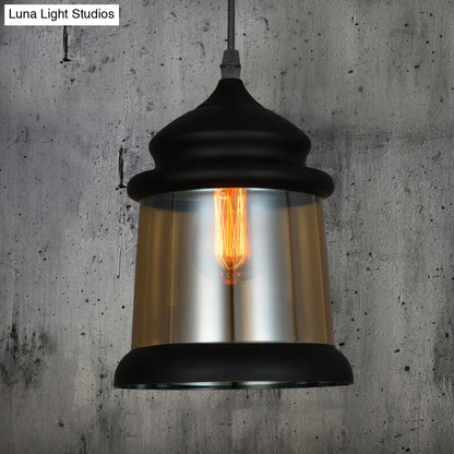 8"/8.5" Wide Industrial Cylinder Pendant Light - 1-Light Amber Glass Hanging Lamp in Black