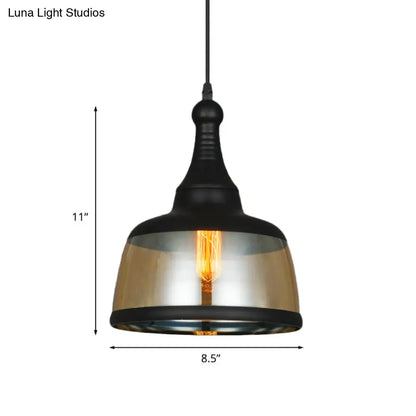 8"/8.5" Wide Industrial Cylinder Pendant Light - 1-Light Amber Glass Hanging Lamp in Black