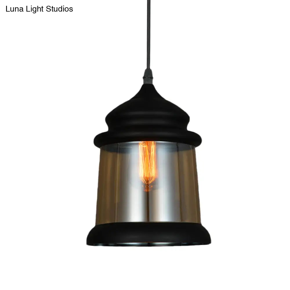 8"/8.5" Wide Industrial Cylinder Pendant Light - 1-Light Amber Glass Hanging Lamp in Black