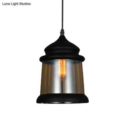 8"/8.5" Wide Industrial Cylinder Pendant Light - 1-Light Amber Glass Hanging Lamp in Black