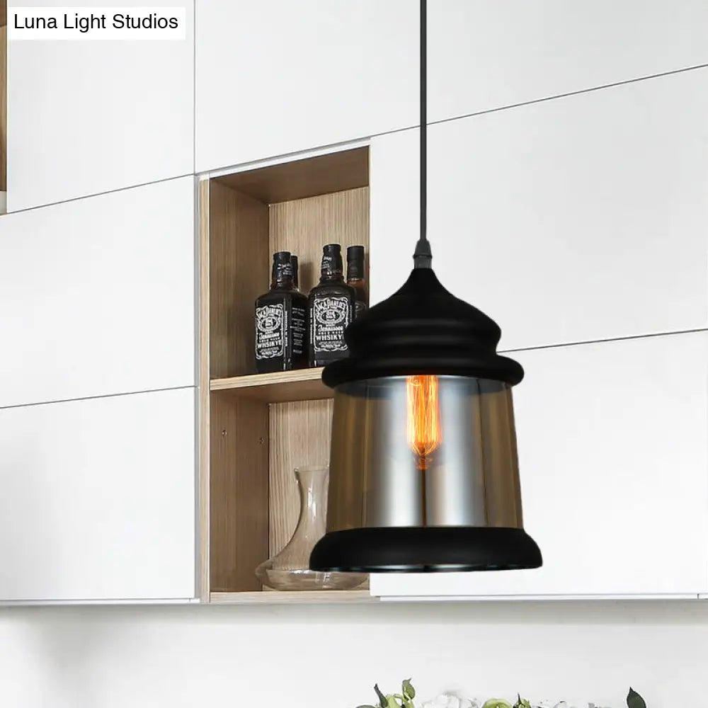 8"/8.5" Wide Industrial Cylinder Pendant Light - 1-Light Amber Glass Hanging Lamp in Black