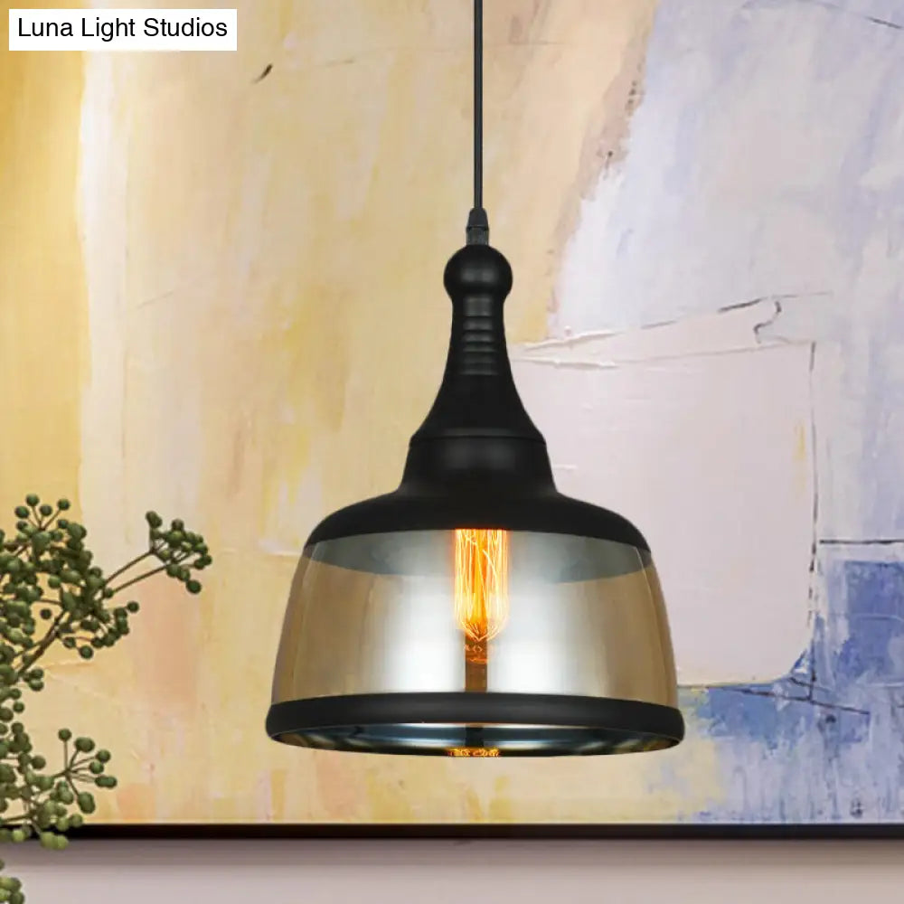 8"/8.5" Wide Industrial Cylinder Pendant Light - 1-Light Amber Glass Hanging Lamp in Black