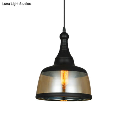 8"/8.5" Wide Industrial Cylinder Pendant Light - 1-Light Amber Glass Hanging Lamp in Black