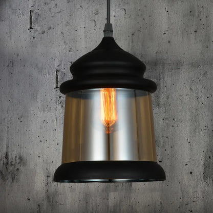 8"/8.5" Wide Industrial Cylinder Pendant Light - 1-Light Amber Glass Hanging Lamp in Black