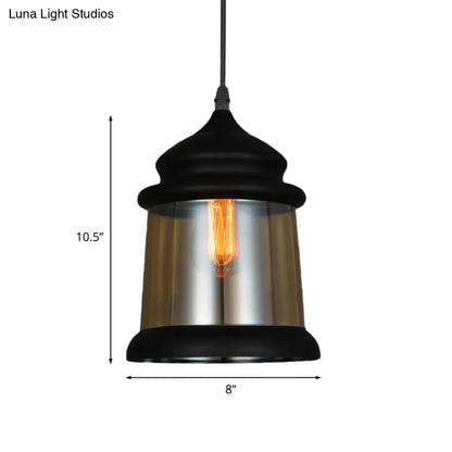 8"/8.5" Wide Industrial Cylinder Pendant Light - 1-Light Amber Glass Hanging Lamp in Black