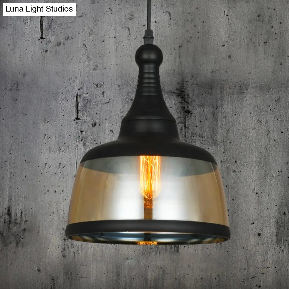 8"/8.5" Wide Industrial Cylinder Pendant Light - 1-Light Amber Glass Hanging Lamp in Black