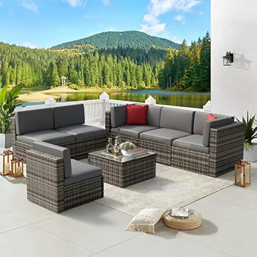 8 Piece L-Shape Patio Furniture Set with Fire Pit