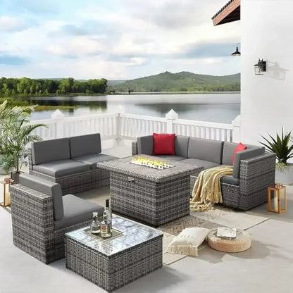 8 Piece L-Shape Patio Furniture Set with Fire Pit