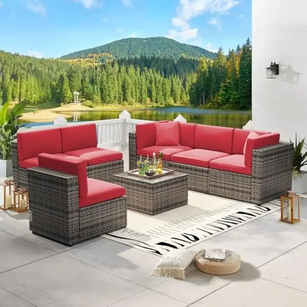 8 Piece L-Shape Patio Furniture Set with Fire Pit