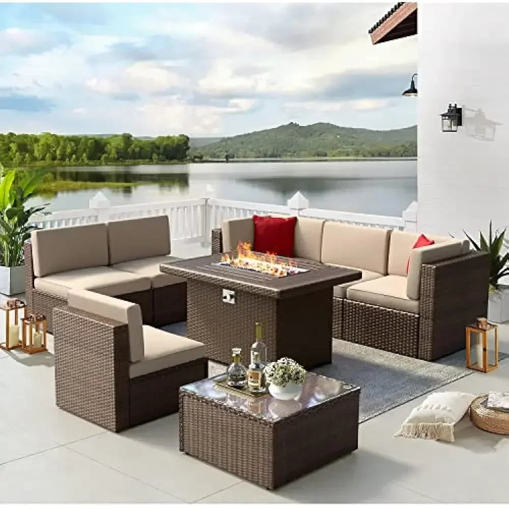 8 Piece L-Shape Patio Furniture Set with Fire Pit