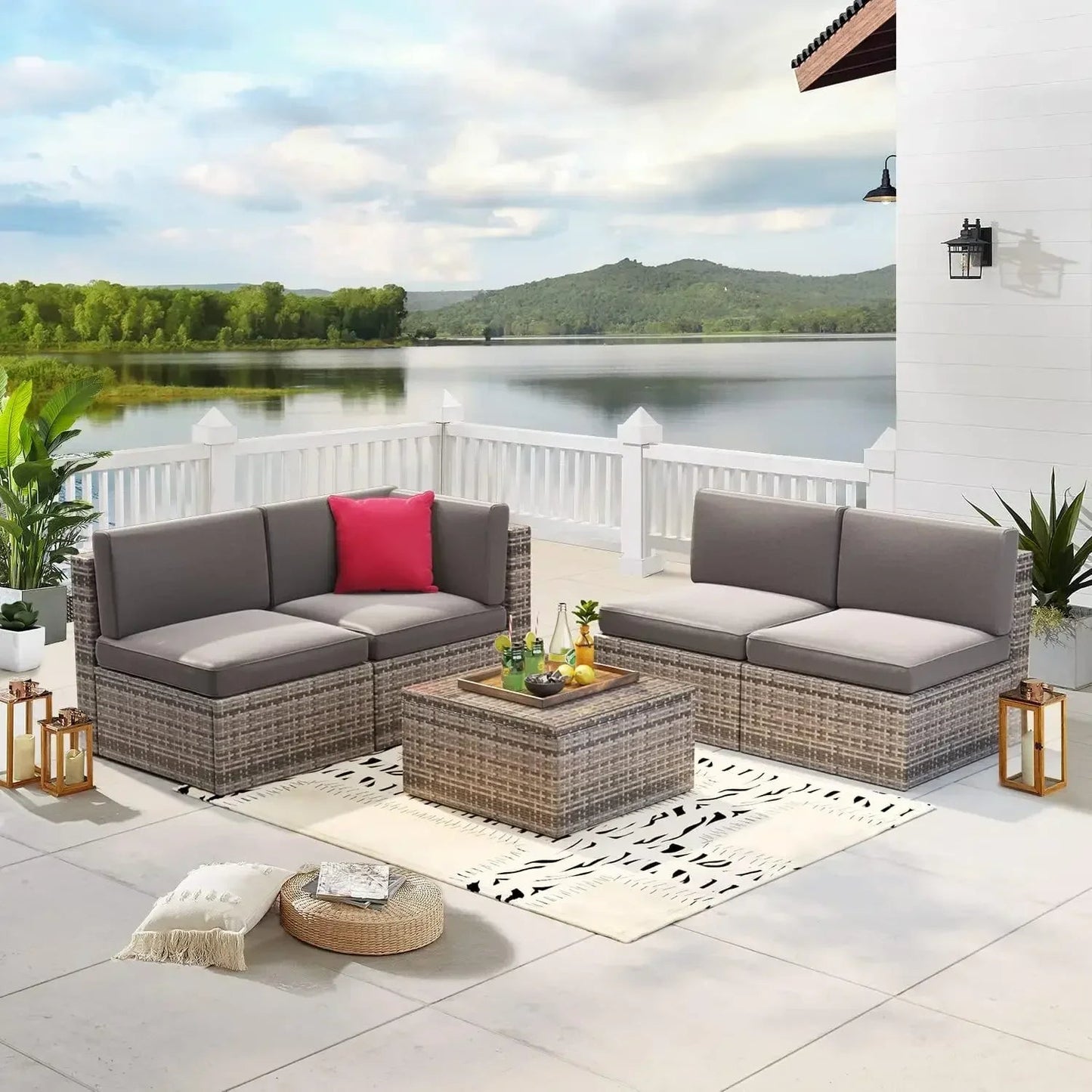 8 Piece L-Shape Patio Furniture Set with Fire Pit