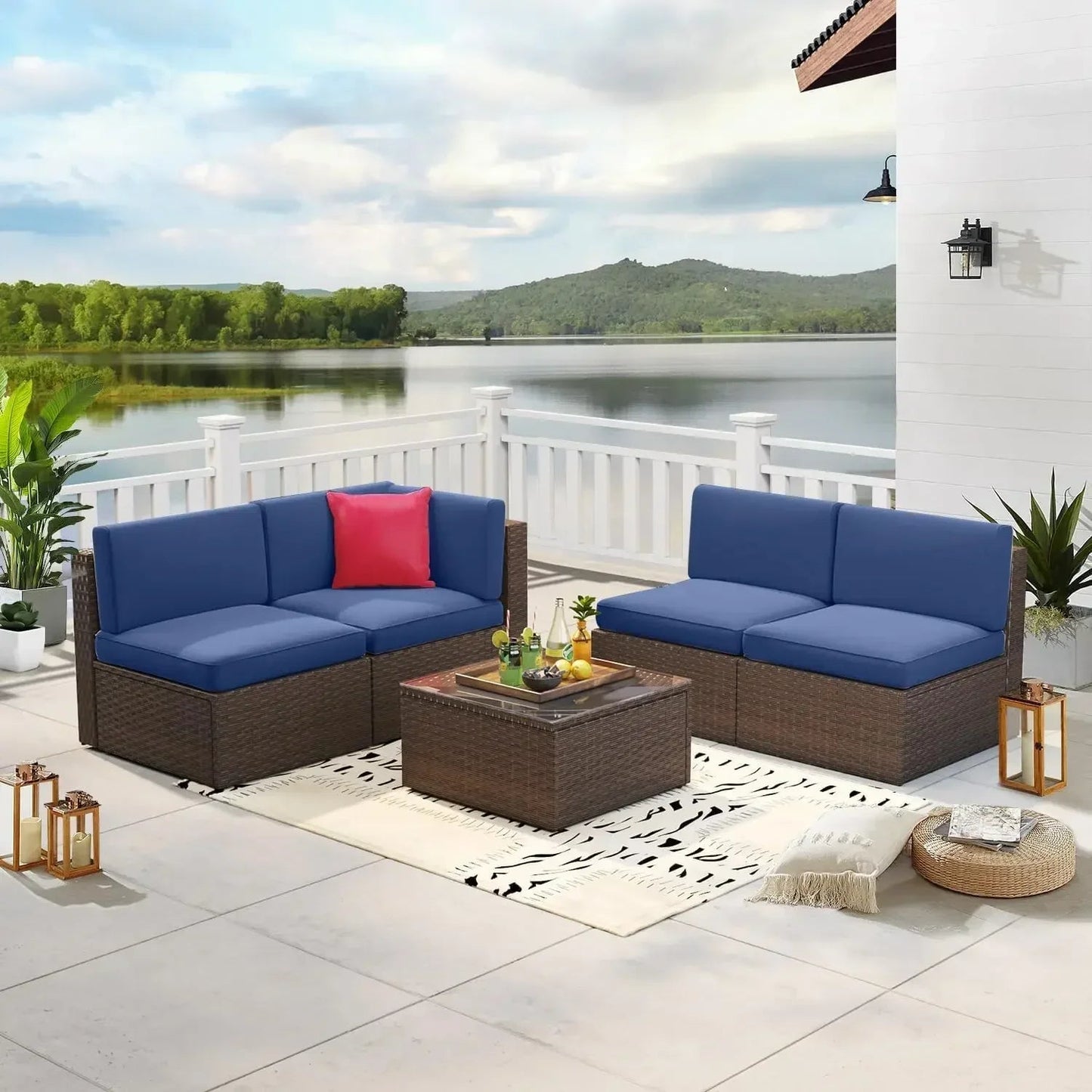 8 Piece L-Shape Patio Furniture Set with Fire Pit