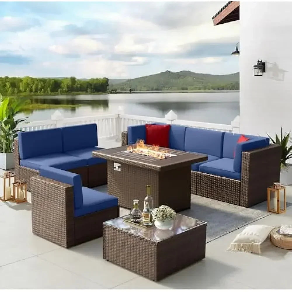 8 Piece L-Shape Patio Furniture Set with Fire Pit