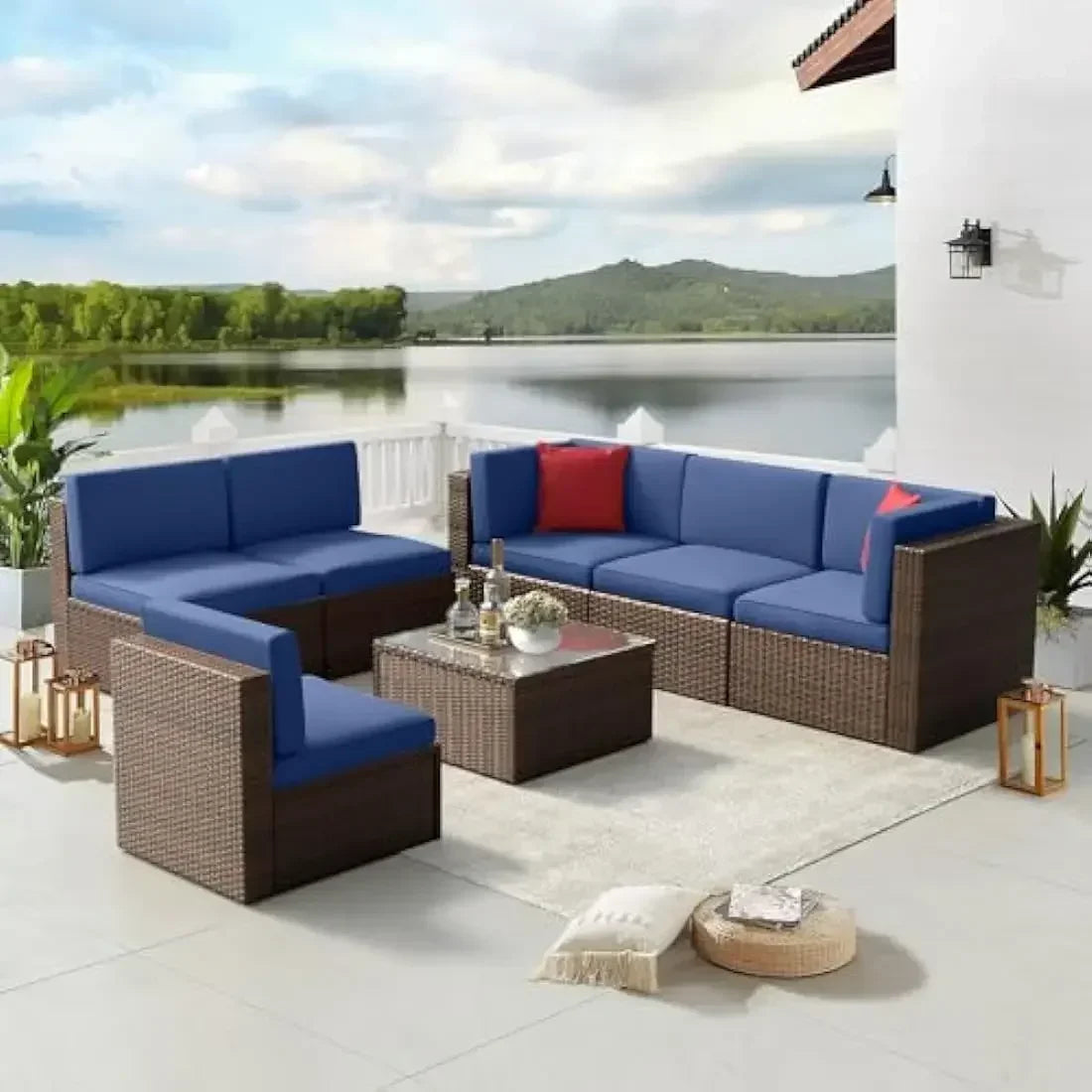 8 Piece L-Shape Patio Furniture Set with Fire Pit