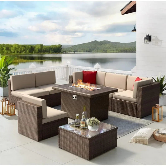 8 Piece L-Shape Patio Furniture Set with Fire Pit