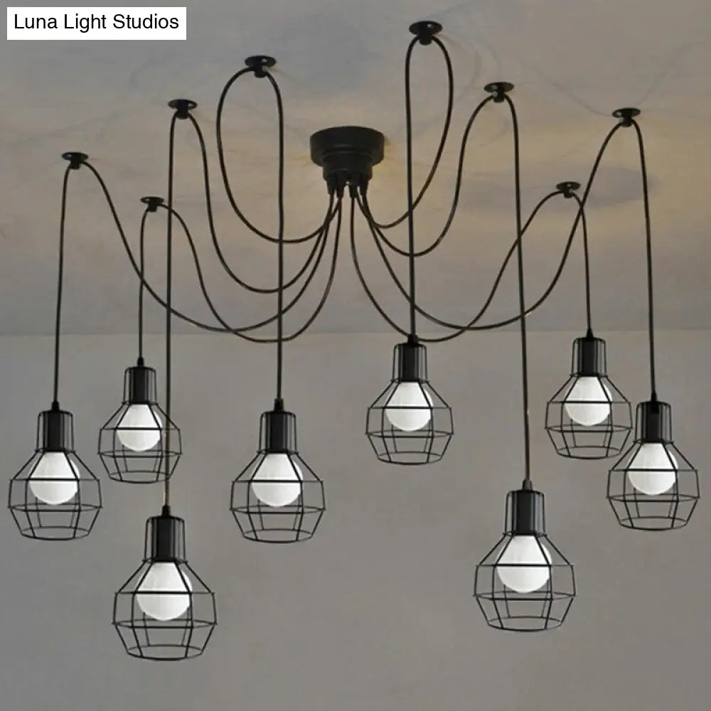 Lámpara colgante industrial de hierro negro de 8 luces con diseño de jaula de bolas para sala de estar