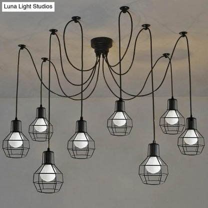 Lámpara colgante industrial de hierro negro de 8 luces con diseño de jaula de bolas para sala de estar