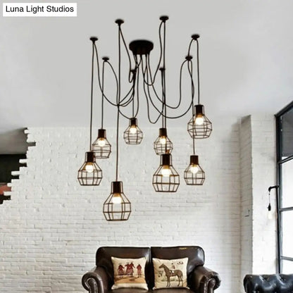 Lámpara colgante industrial de hierro negro de 8 luces con diseño de jaula de bolas para sala de estar