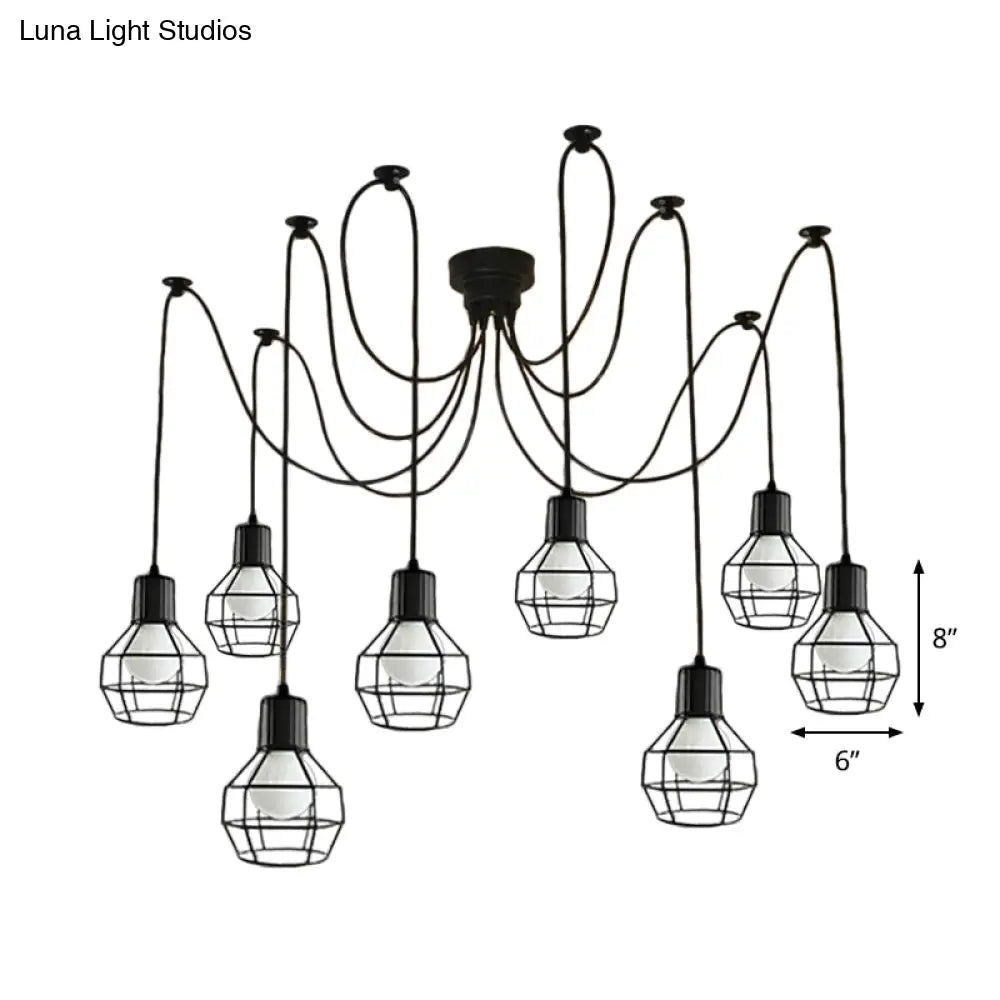 Lámpara colgante industrial de hierro negro de 8 luces con diseño de jaula de bolas para sala de estar
