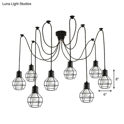 Lámpara colgante industrial de hierro negro de 8 luces con diseño de jaula de bolas para sala de estar