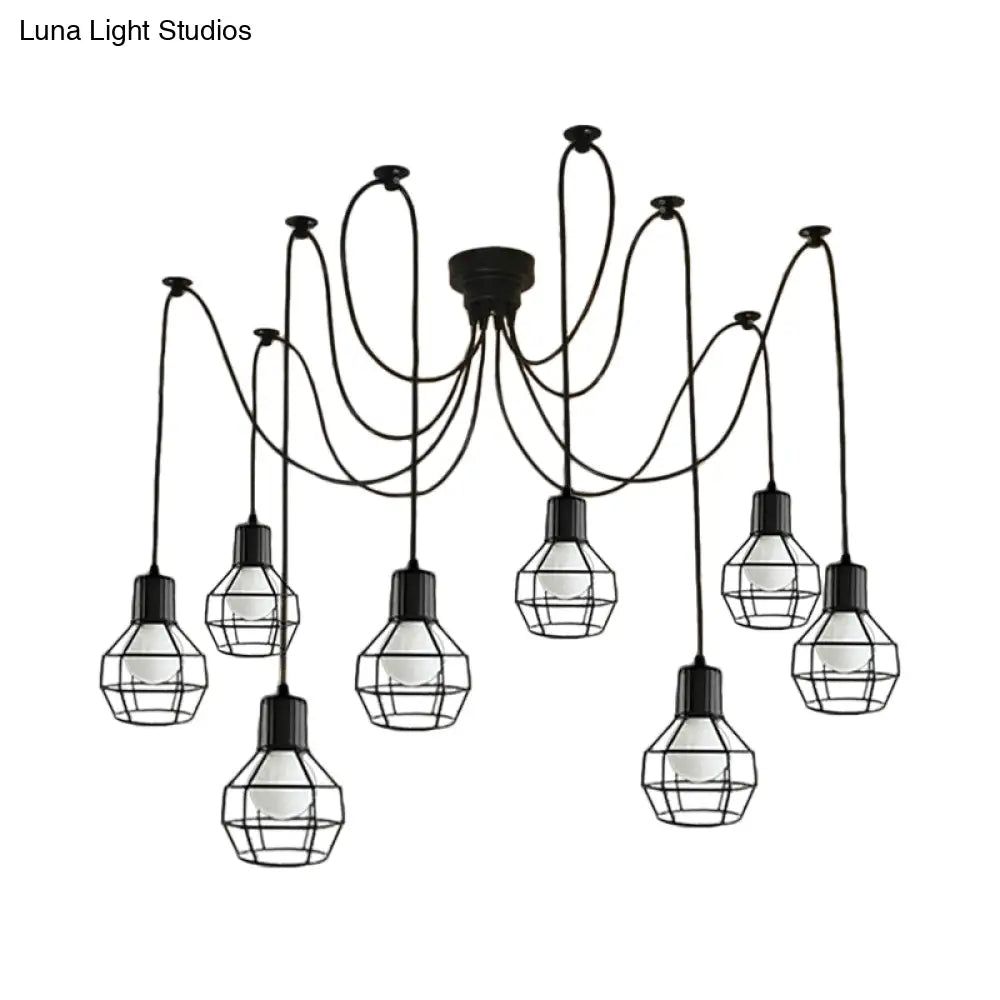 Lámpara colgante industrial de hierro negro de 8 luces con diseño de jaula de bolas para sala de estar
