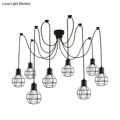 8-Head Black Iron Industrial Pendant Light with Ball Cage Swag Design for Living Room