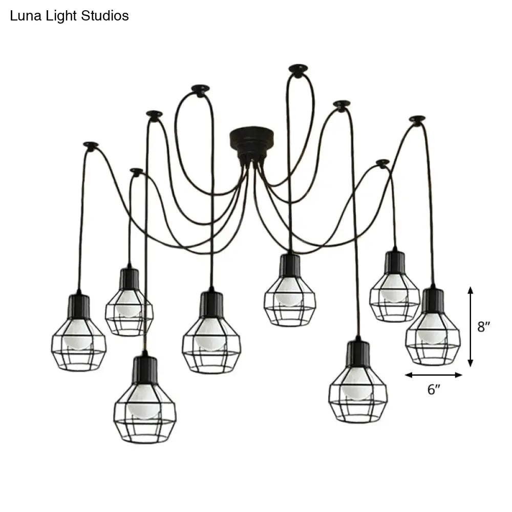 Lámpara colgante industrial de hierro negro de 8 luces con diseño de jaula de bolas para sala de estar
