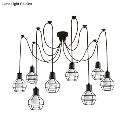 Lámpara colgante industrial de hierro negro de 8 luces con diseño de jaula de bolas para sala de estar
