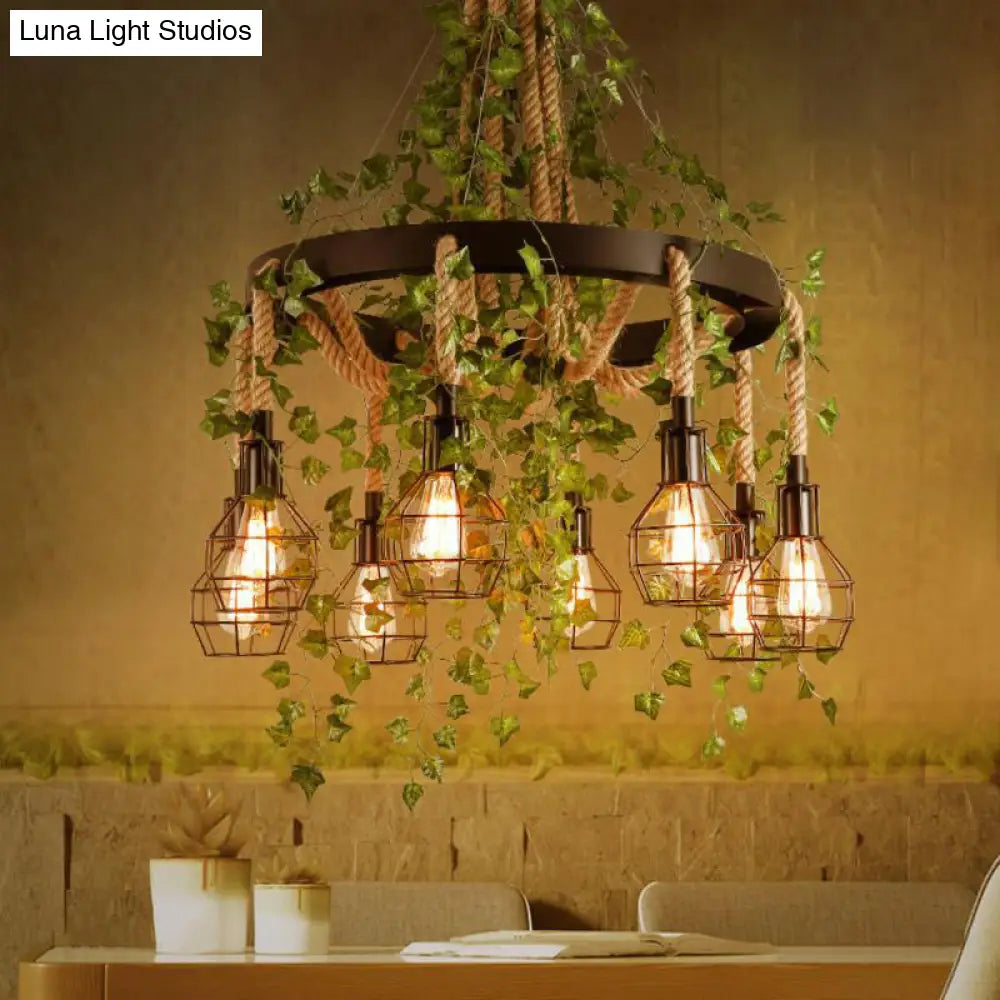 8-Head Hemp Rope Cluster Pendant with LED Down Lighting for Industrial and Restaurant Use