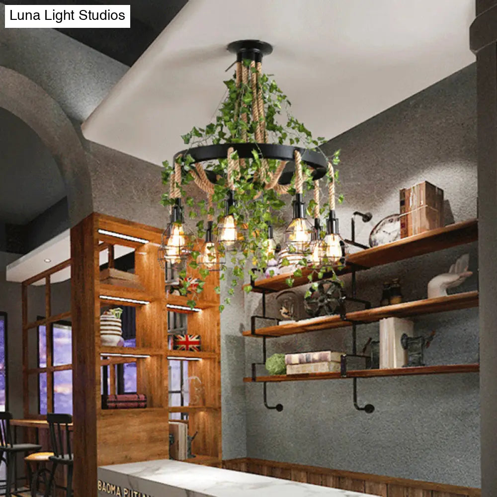 8-Head Hemp Rope Cluster Pendant with LED Down Lighting for Industrial and Restaurant Use