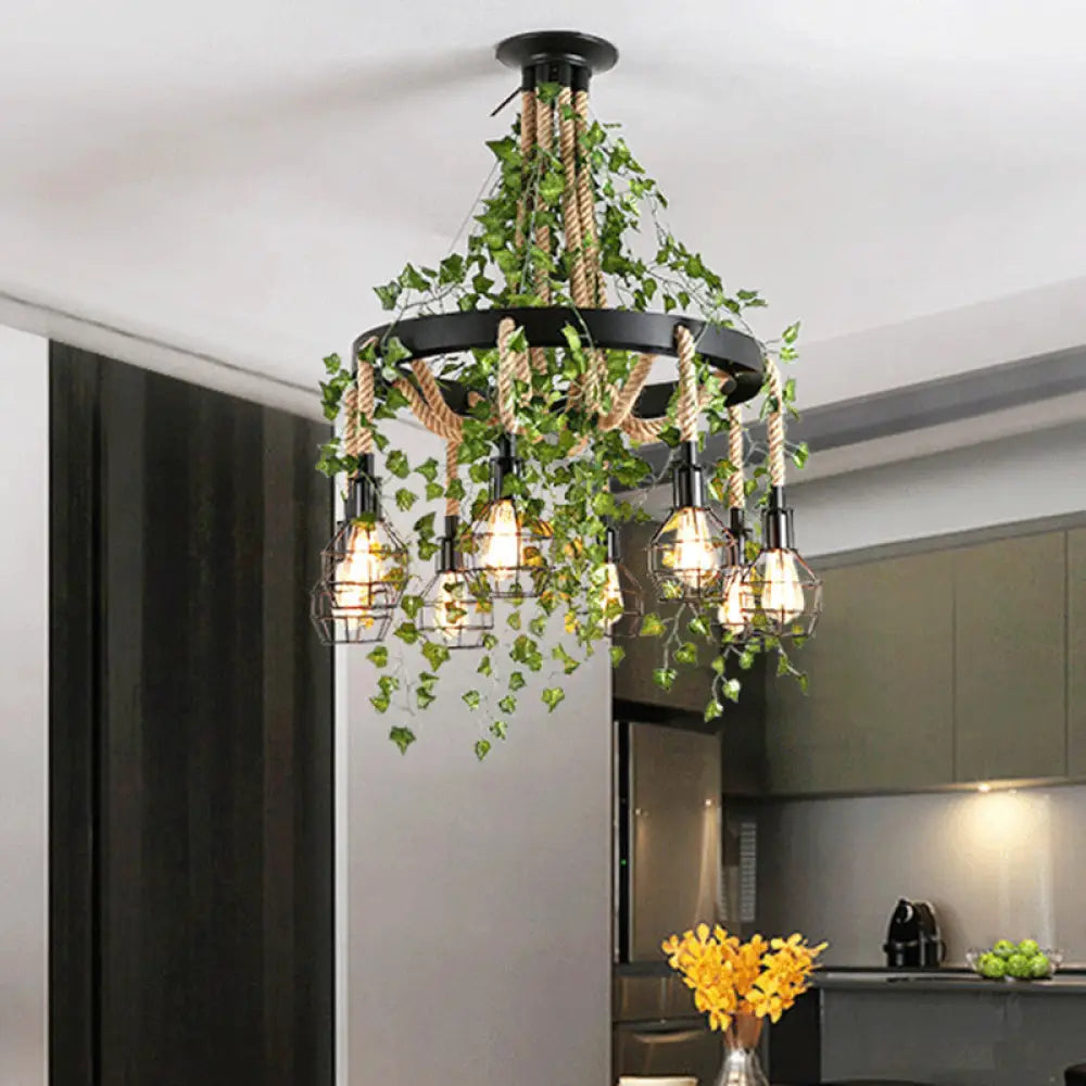 8-Head Hemp Rope Cluster Pendant with LED Down Lighting for Industrial and Restaurant Use