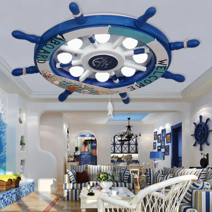 DecorBites™ 8-Head Kids Bedroom Flush Light: Blue/White/Yellow LED Ceiling Lamp with Rudder Wood Shade, White/3 Color Light