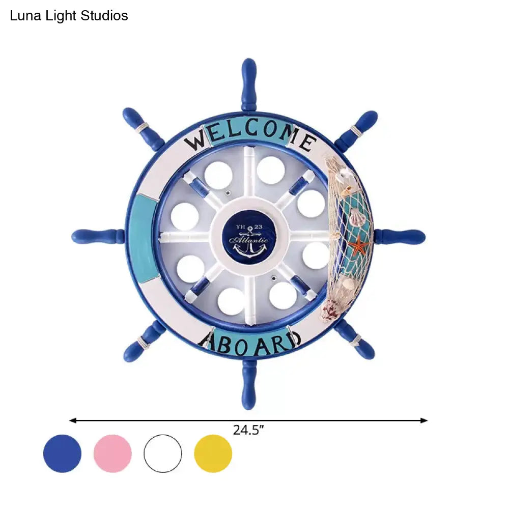 DecorBites™ 8-Head Kids Bedroom Flush Light: Blue/White/Yellow LED Ceiling Lamp with Rudder Wood Shade, White/3 Color Light