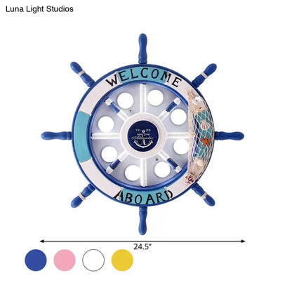 DecorBites™ 8-Head Kids Bedroom Flush Light: Blue/White/Yellow LED Ceiling Lamp with Rudder Wood Shade, White/3 Color Light