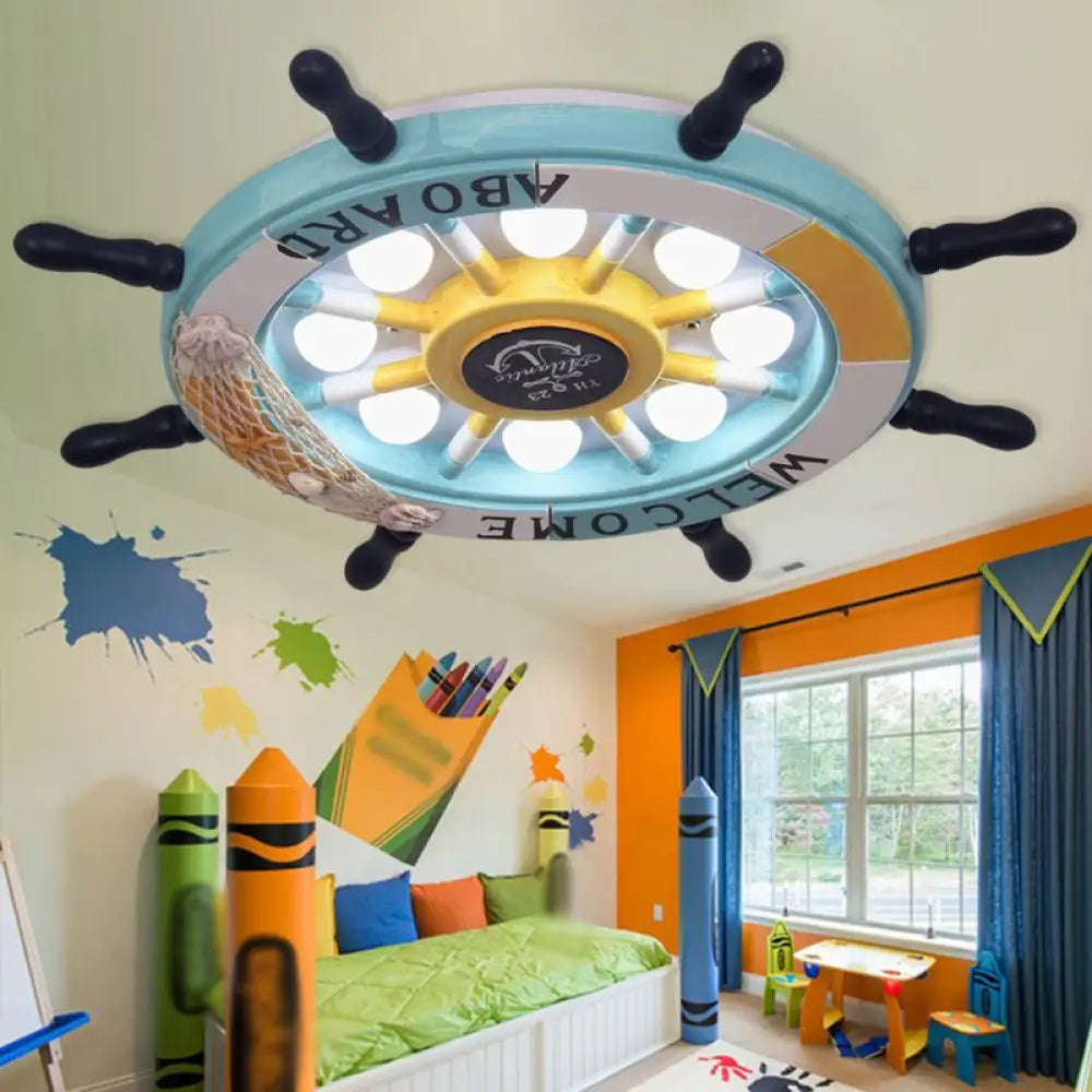 DecorBites™ 8-Head Kids Bedroom Flush Light: Blue/White/Yellow LED Ceiling Lamp with Rudder Wood Shade, White/3 Color Light