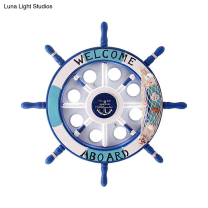 DecorBites™ 8-Head Kids Bedroom Flush Light: Blue/White/Yellow LED Ceiling Lamp with Rudder Wood Shade, White/3 Color Light