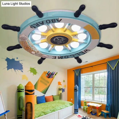 DecorBites™ 8-Head Kids Bedroom Flush Light: Blue/White/Yellow LED Ceiling Lamp with Rudder Wood Shade, White/3 Color Light