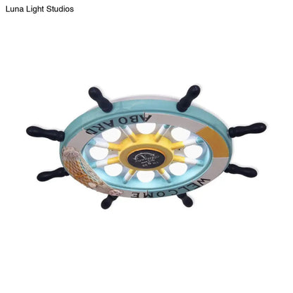 DecorBites™ 8-Head Kids Bedroom Flush Light: Blue/White/Yellow LED Ceiling Lamp with Rudder Wood Shade, White/3 Color Light