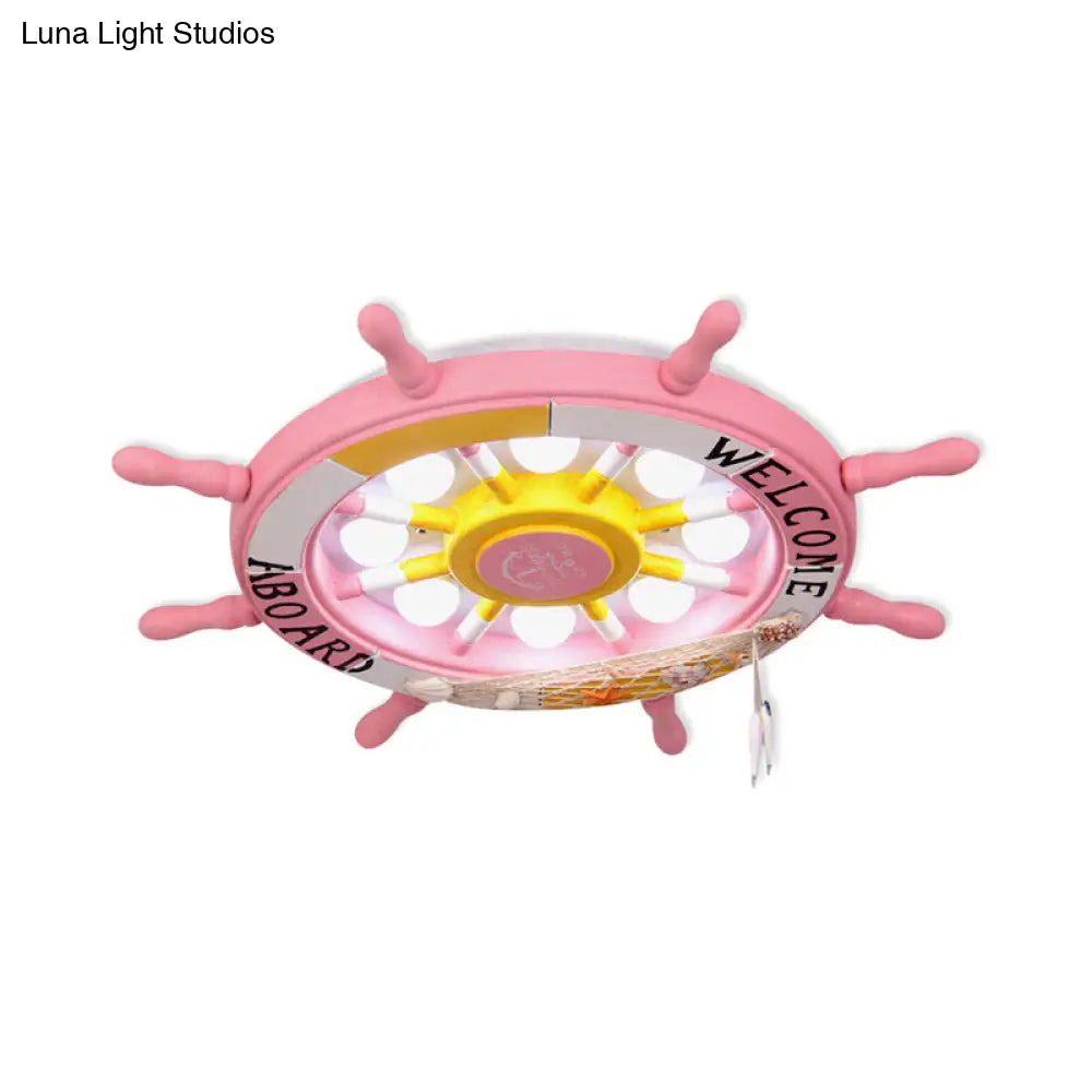 DecorBites™ 8-Head Kids Bedroom Flush Light: Blue/White/Yellow LED Ceiling Lamp with Rudder Wood Shade, White/3 Color Light