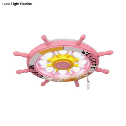 DecorBites™ 8-Head Kids Bedroom Flush Light: Blue/White/Yellow LED Ceiling Lamp with Rudder Wood Shade, White/3 Color Light