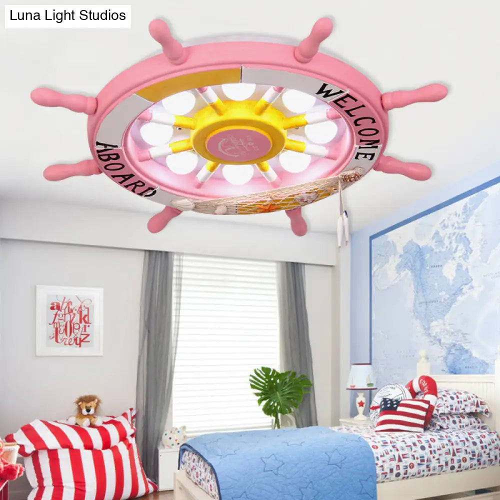 DecorBites™ 8-Head Kids Bedroom Flush Light: Blue/White/Yellow LED Ceiling Lamp with Rudder Wood Shade, White/3 Color Light