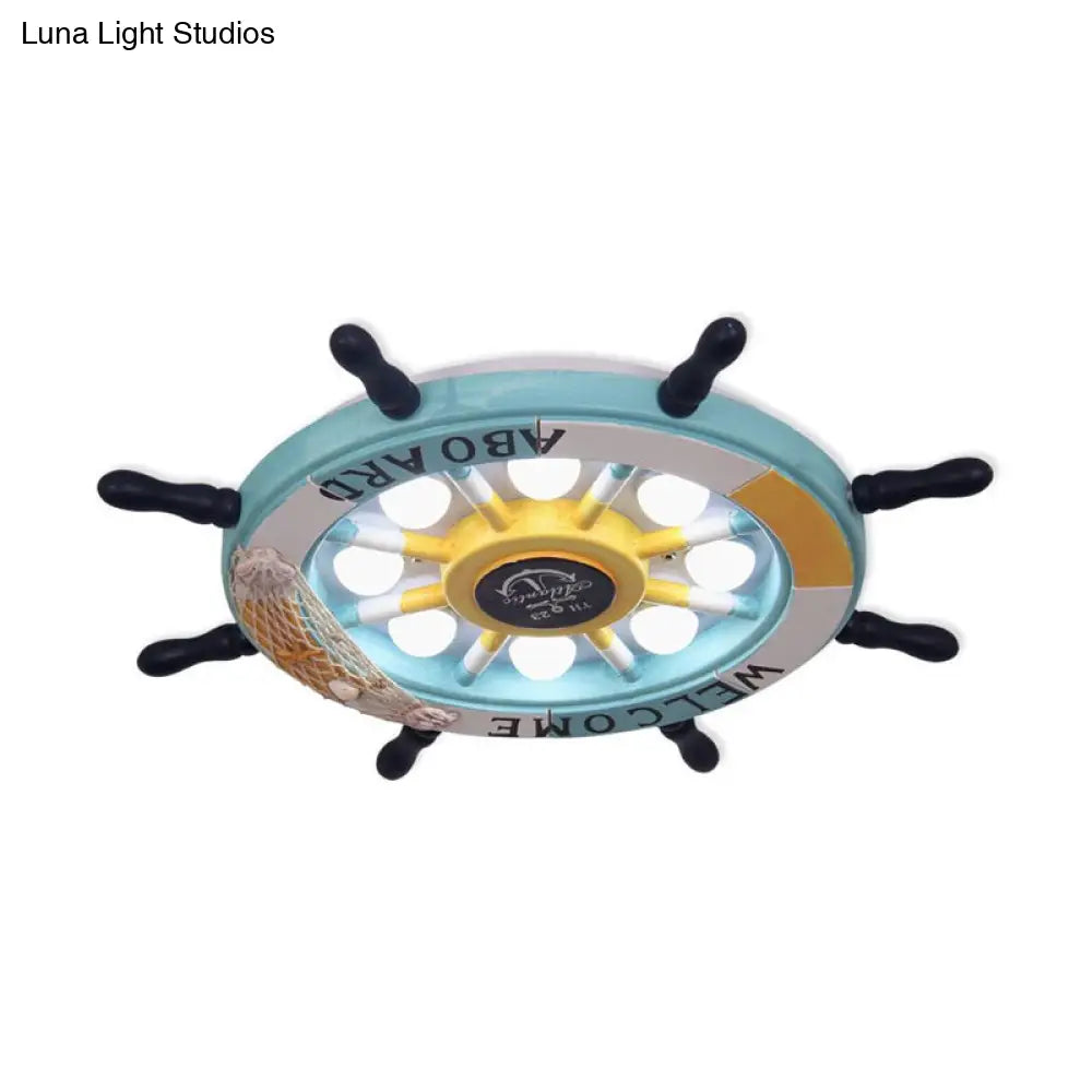 DecorBites™ 8-Head Kids Bedroom Flush Light: Blue/White/Yellow LED Ceiling Lamp with Rudder Wood Shade, White/3 Color Light